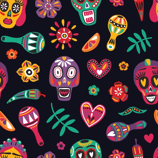 Festive seamless pattern with decorative skulls