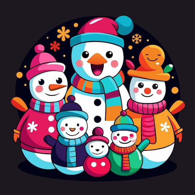 Festive Snowman Family Vector Art Colorful Winter Group Design