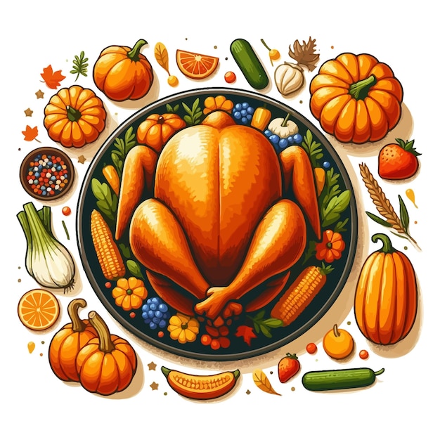 Festive Thanksgiving Feast Clipart with Roasted Turkey and Harvest Decor