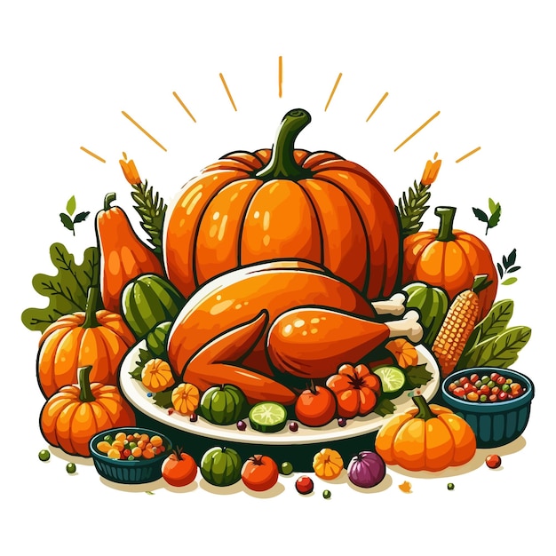 Festive Thanksgiving Feast Clipart with Roasted Turkey and Harvest Decor