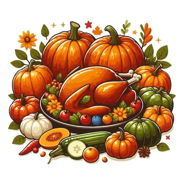 Festive Thanksgiving Feast Clipart with Roasted Turkey and Harvest Decor