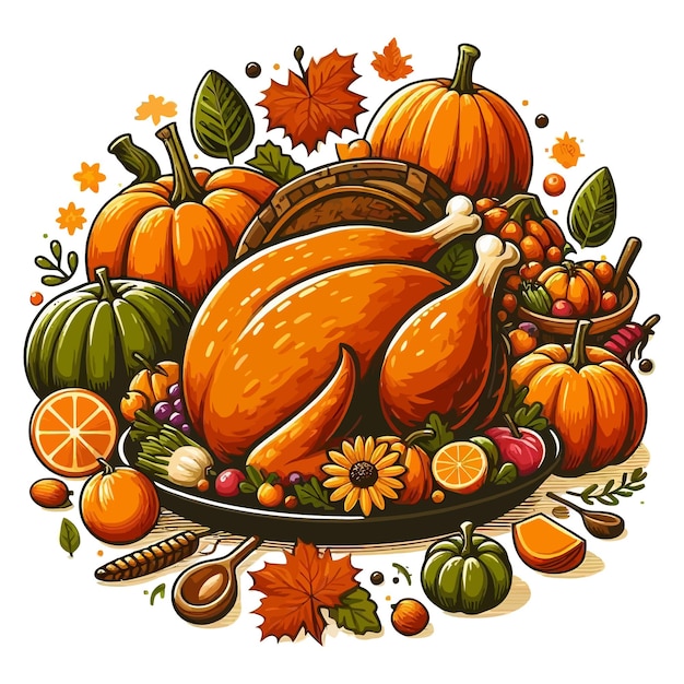 Festive Thanksgiving Feast Clipart with Roasted Turkey and Harvest Decor