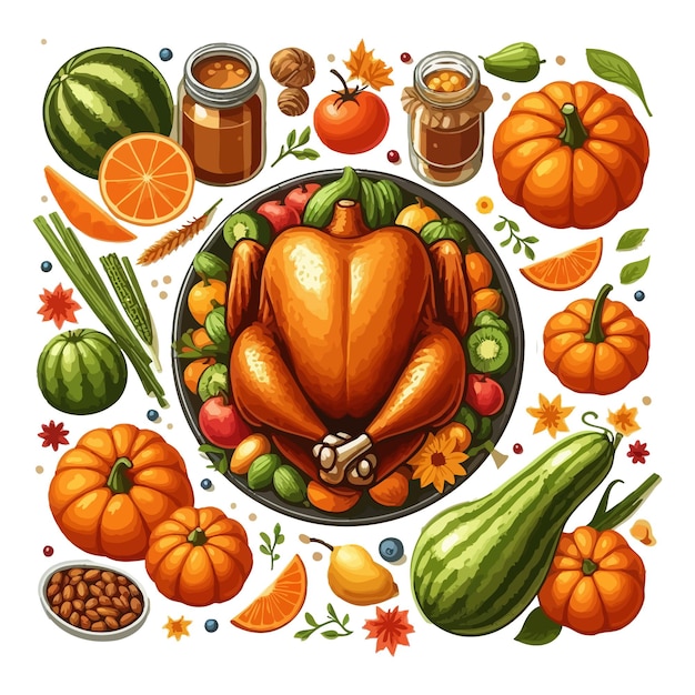 Festive Thanksgiving Feast Clipart with Roasted Turkey and Harvest Decor