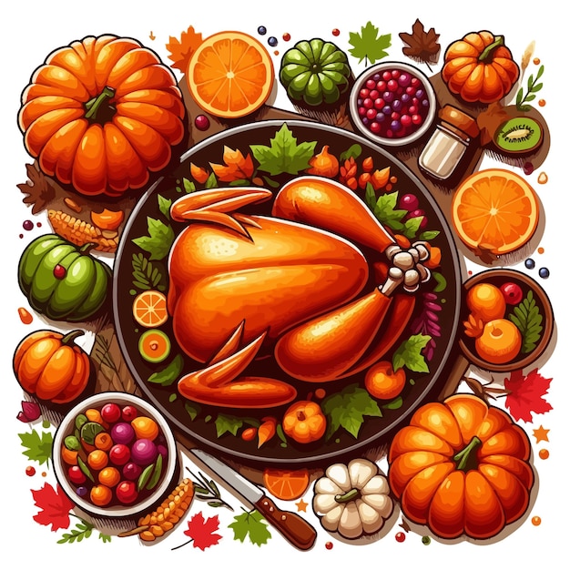 Festive Thanksgiving Feast Clipart with Roasted Turkey and Harvest Decor