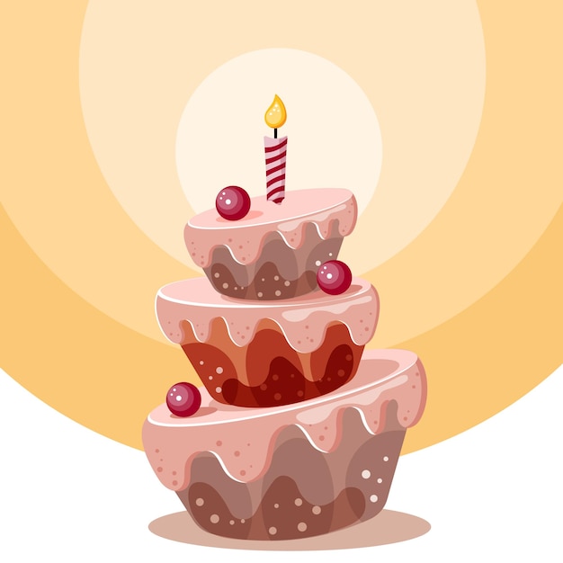 Festive three-layer cake with berries and a candle on candlelight. Happy birthday illustration