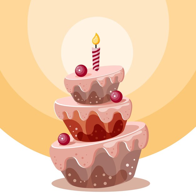 Vector festive three-layer cake with berries and a candle on candlelight. happy birthday illustration