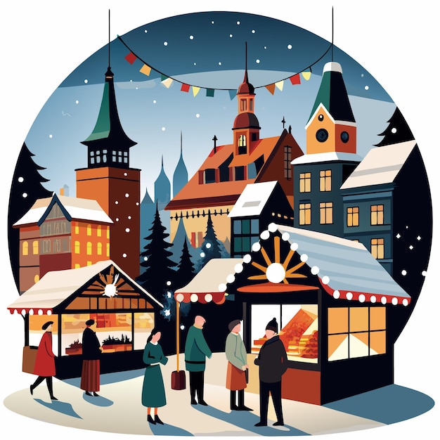 Festive winter market scene with people shopping and snow falling