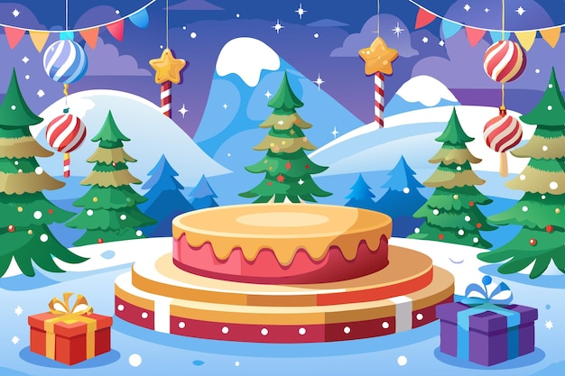 Vector festive winter scene with a podium and presents for holiday promotions