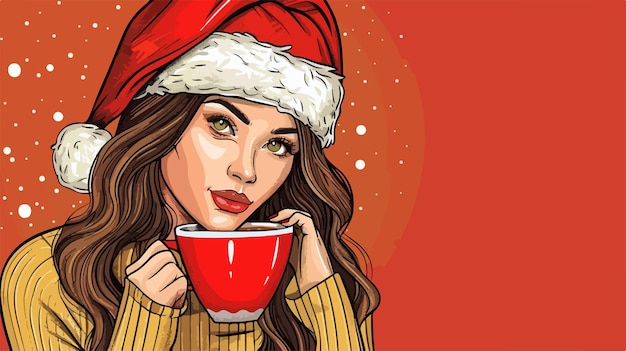 Festive Young Woman Enjoying Cocoa in Santa Hat