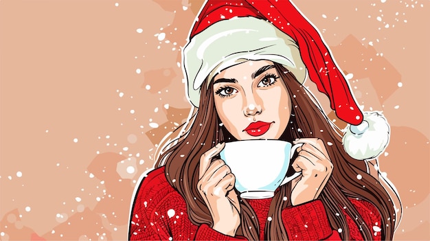 Festive Young Woman Enjoying Cocoa in Santa Hat