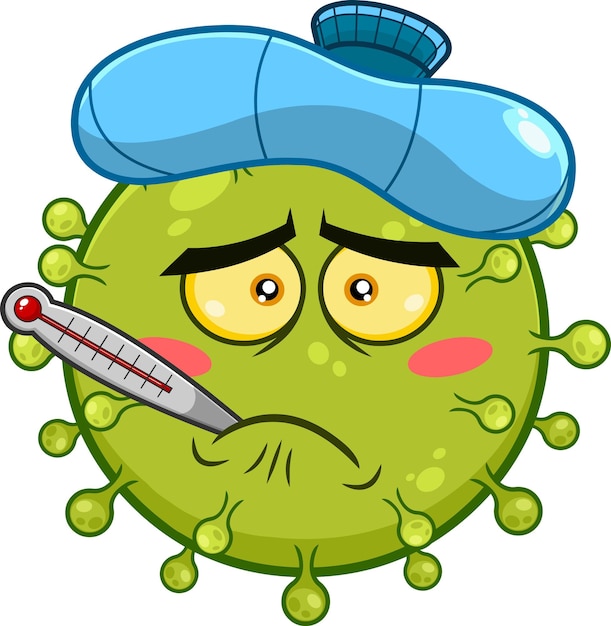 Feverish Sick Coronavirus COVID19 Cartoon Emoji Character With Ice Pack