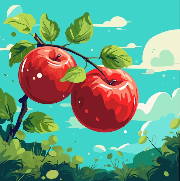 A few red ripe apples on the branch with leaves vector illustration