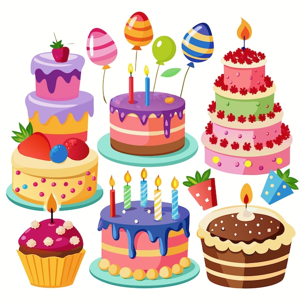 a few variations are illustrated white background with a birthday cake