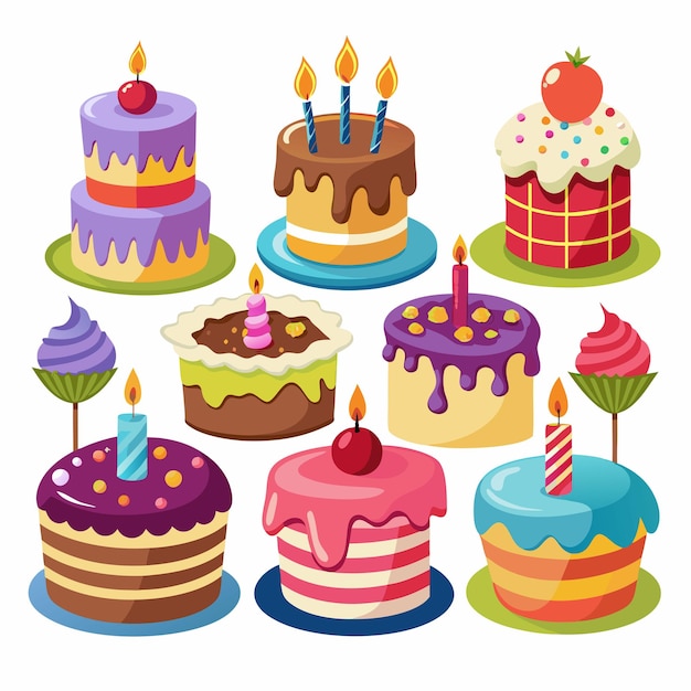 a few variations are illustrated white background with a birthday cake