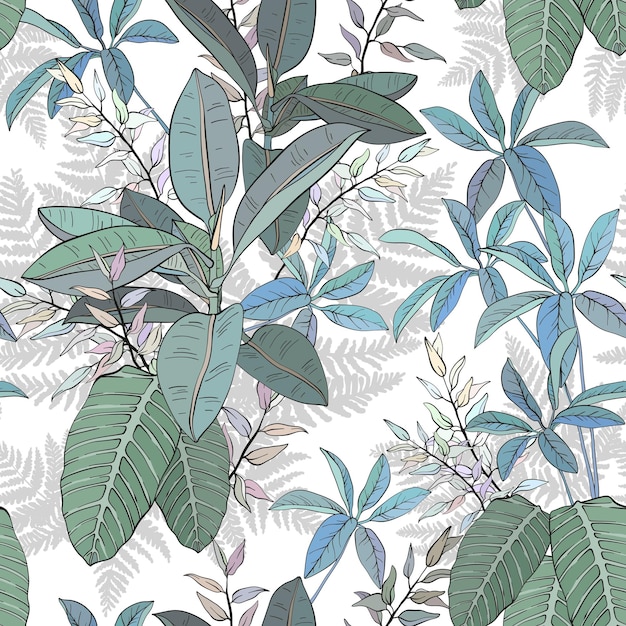 Ficus palm leaves and tropical plants seamless pattern tropical foliage branch greenery