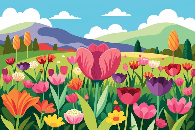 Vector a field of colorful tulips and flowers in a spring landscape