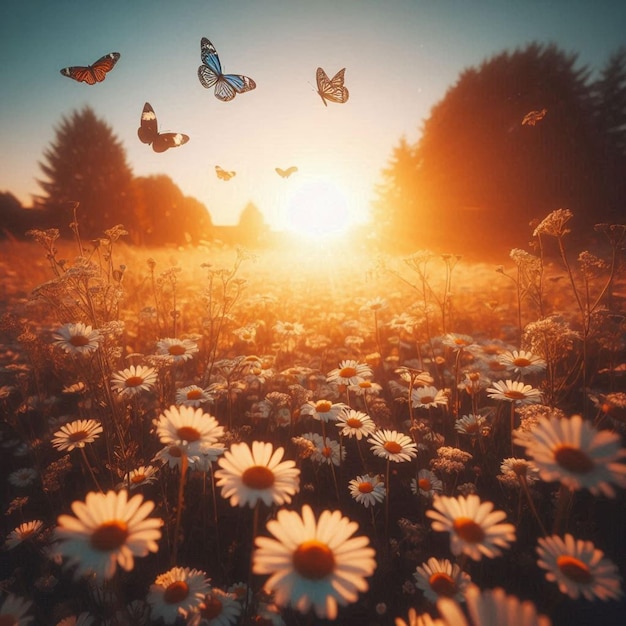 Vector a field of daisies with butterflies flying around them