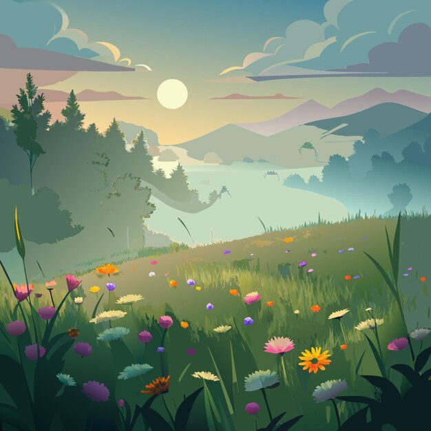 a field of flowers and the moon is framed by a forest