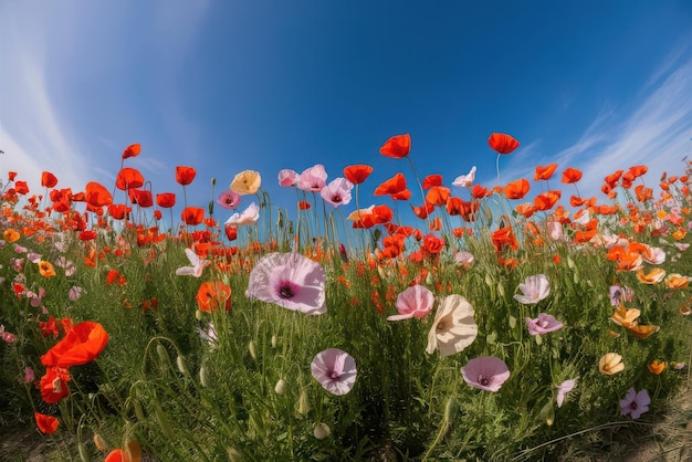 a field of flowers with the sky in the background