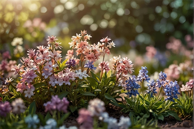 Vector a field of flowers with the sun shining through the background