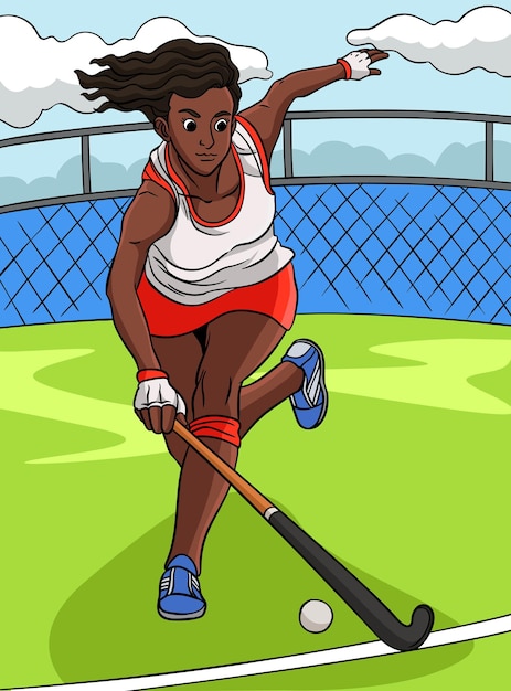 Field Hockey Colored Cartoon Illustration