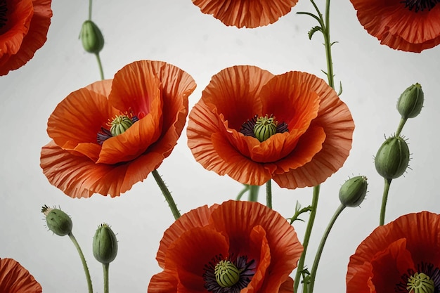 Vector a field of poppies with a gray sky in the background red poppy isolated on white