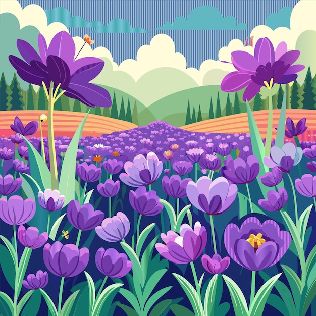 Vector a field of purple flowers with a butterfly on the top