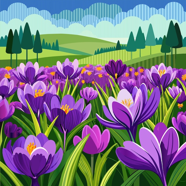 Vector a field of purple flowers with trees in the background