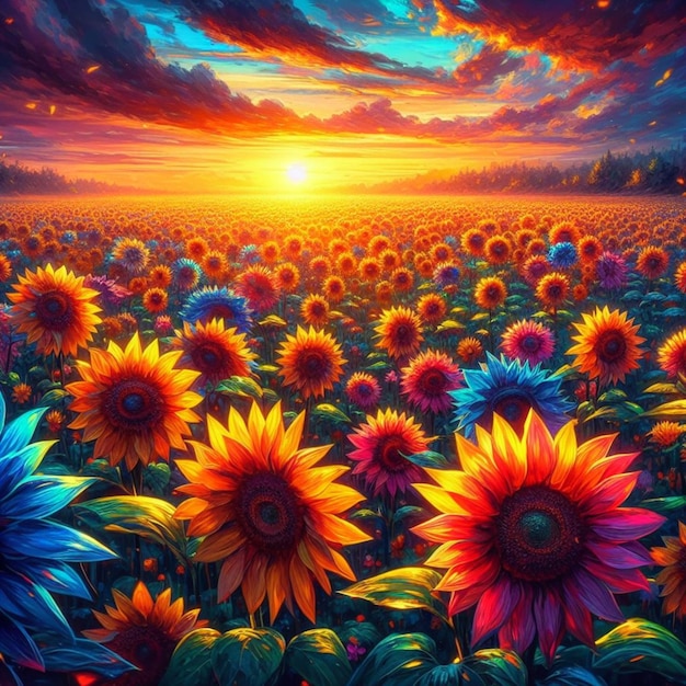 a field of sunflowers with the sun setting behind them