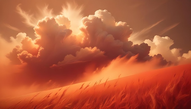 A field of tall grass with a redorange sky The scene is lit by a dramatic sunset with clouds casting long shadows over the field