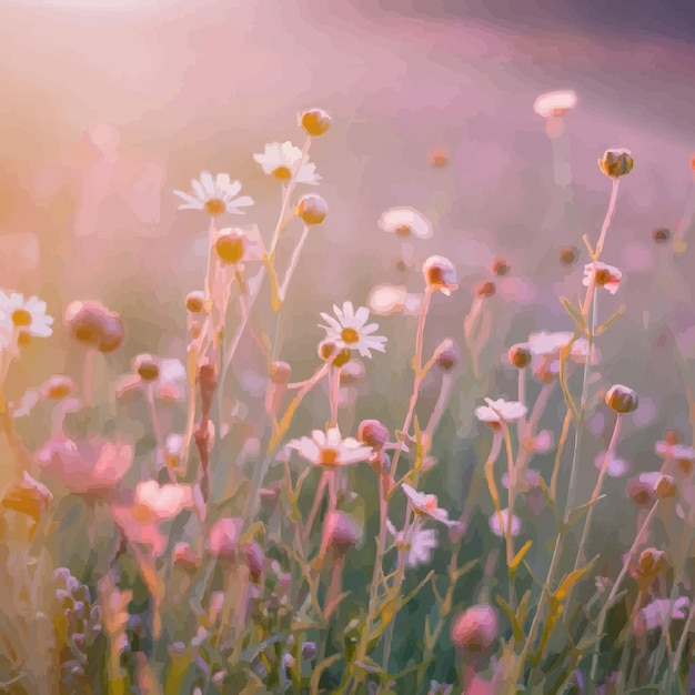 Vector a field of wild flowers with a pink background