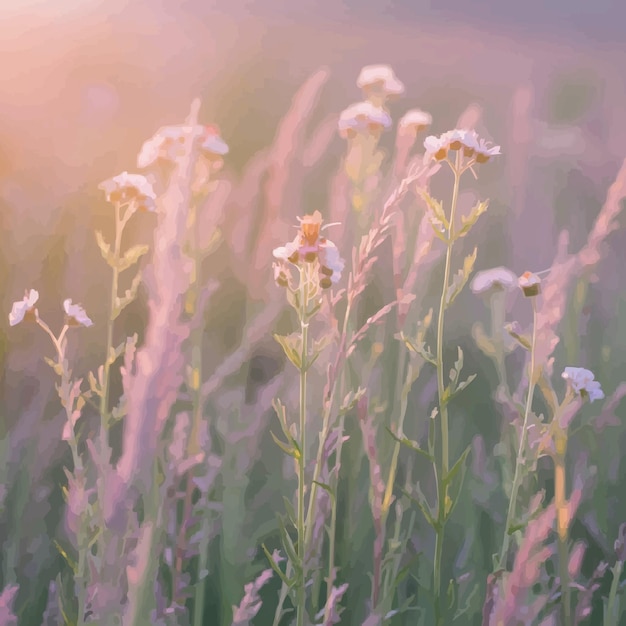 Vector a field of wild flowers with a pink sunset in the background