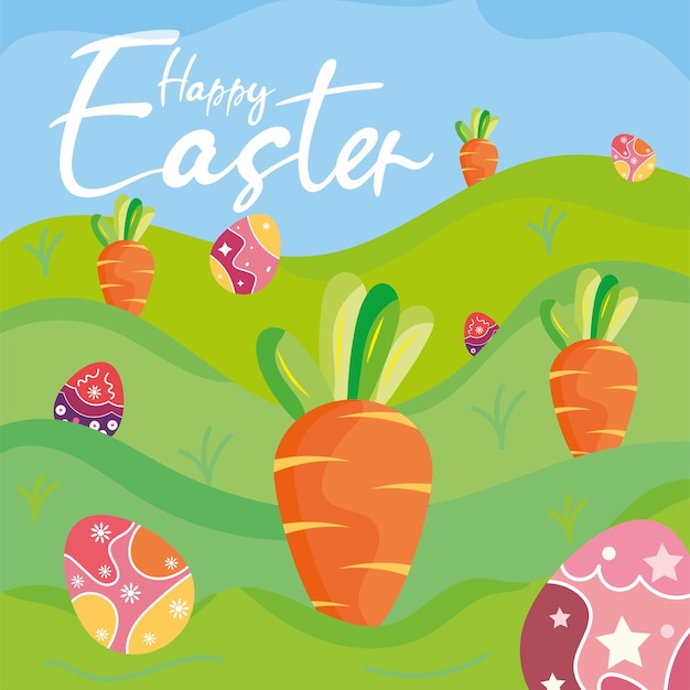 Field with carrots and easter eggs Happy easter season Vector illustration