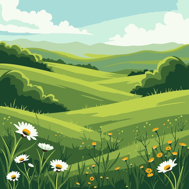 Vector a field with daisies and a green background