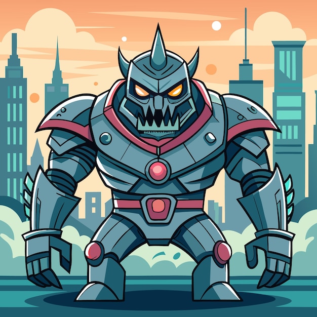 Fierce Armored Robot in Futuristic Cityscape SciFi Illustration