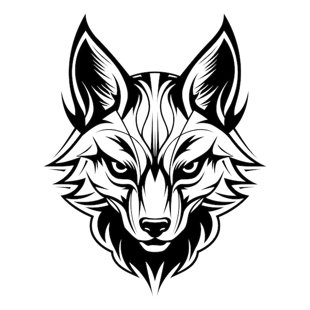 A fierce and detailed black and white illustration of a wolfs head perfect for tattoo designs branding or posters