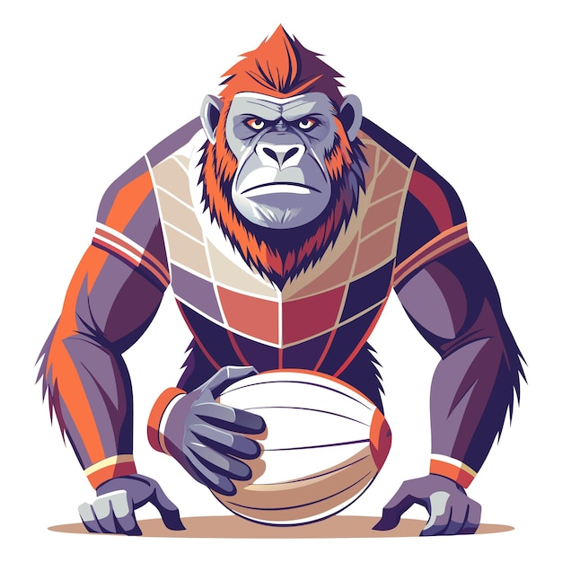 A fierce gorilla in a rugby uniform holds a rugby ball