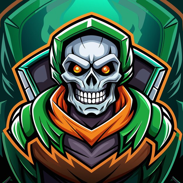 Vector a fierce green and orange skull mascot in a futuristic design