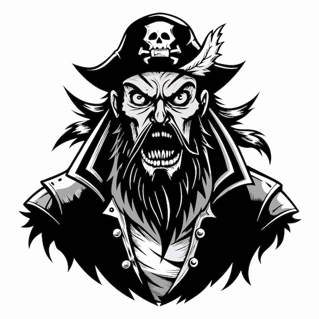 Fierce Pirate Captain Illustration with Skull Hat and Bearded Expression