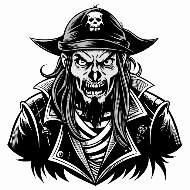 Vector fierce pirate skull illustration cartoon character in vintage style