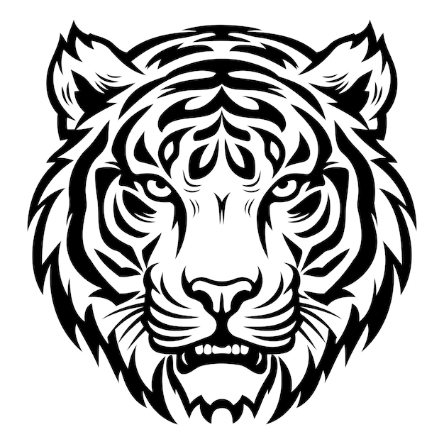 A fierce and powerful black and white tiger head illustration perfect for designs requiring a strong and bold aesthetic