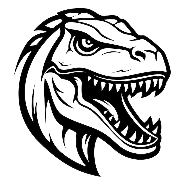 A fierce and powerful trex head in a black and white vector illustration