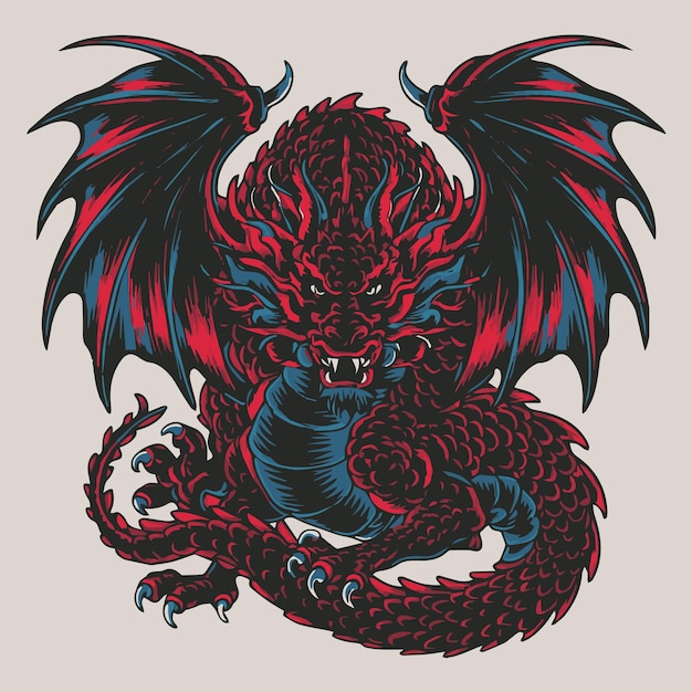 A fierce red dragon with spread wings claws and a powerful stance