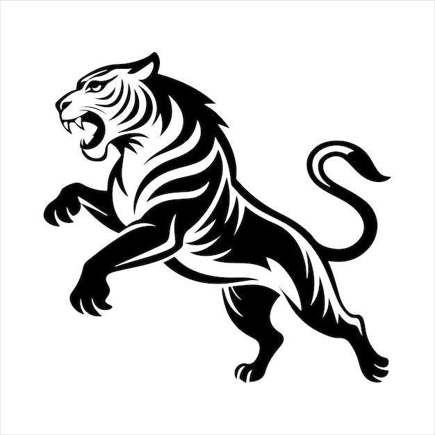 Vector fierce roaring tiger illustration in black and white powerful wild animal vector art design