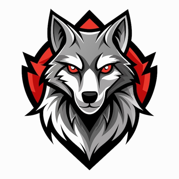 A fierce wolf mascot logo with red eyes on a red and black background The determined expression makes it ideal for a sports team or brand