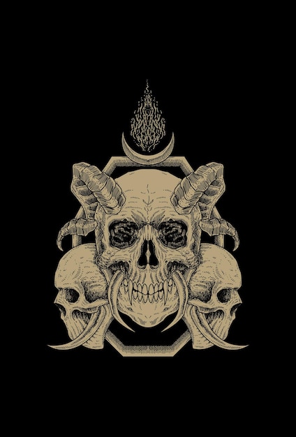 Fiery horned skull head and moon with twin skulls artwork illustration