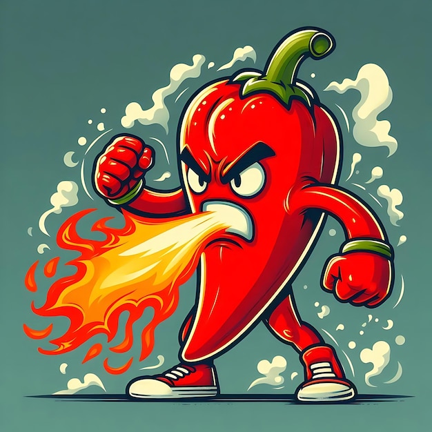 Fiery Hot Pepper Cartoon Character with Flames and Angry Expression