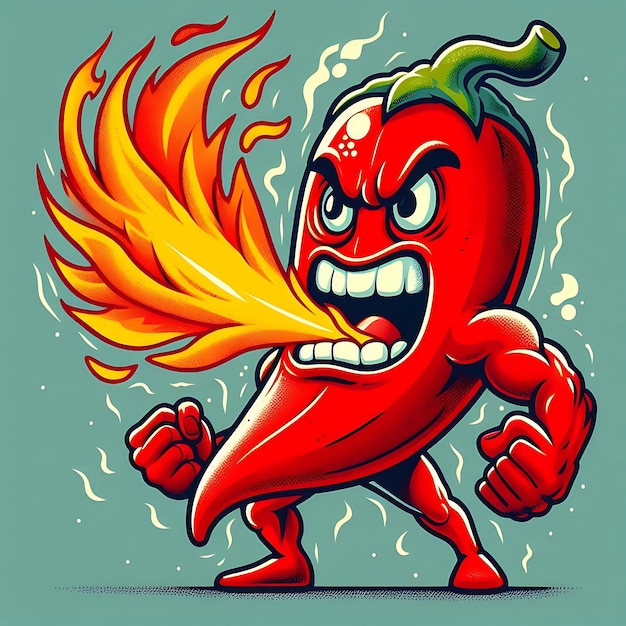 Fiery Hot Pepper Cartoon Character with Flames and Angry Expression