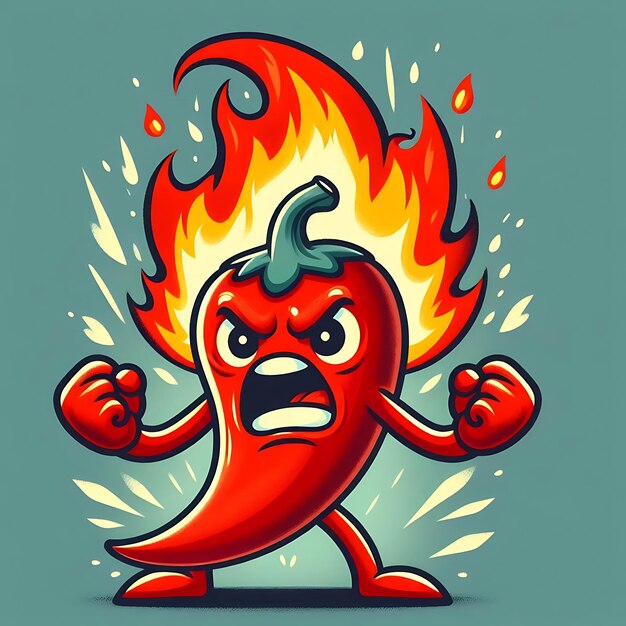 Vector fiery hot pepper cartoon character with flames and angry expression