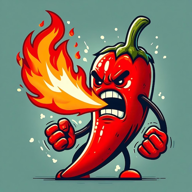 Vector fiery hot pepper cartoon character with flames and angry expression